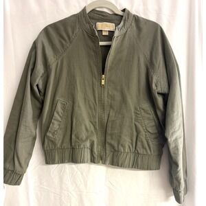 Michael Kors Jacket Crop Olive Green Collared Buttons Full Zip Pockets Size S‎
